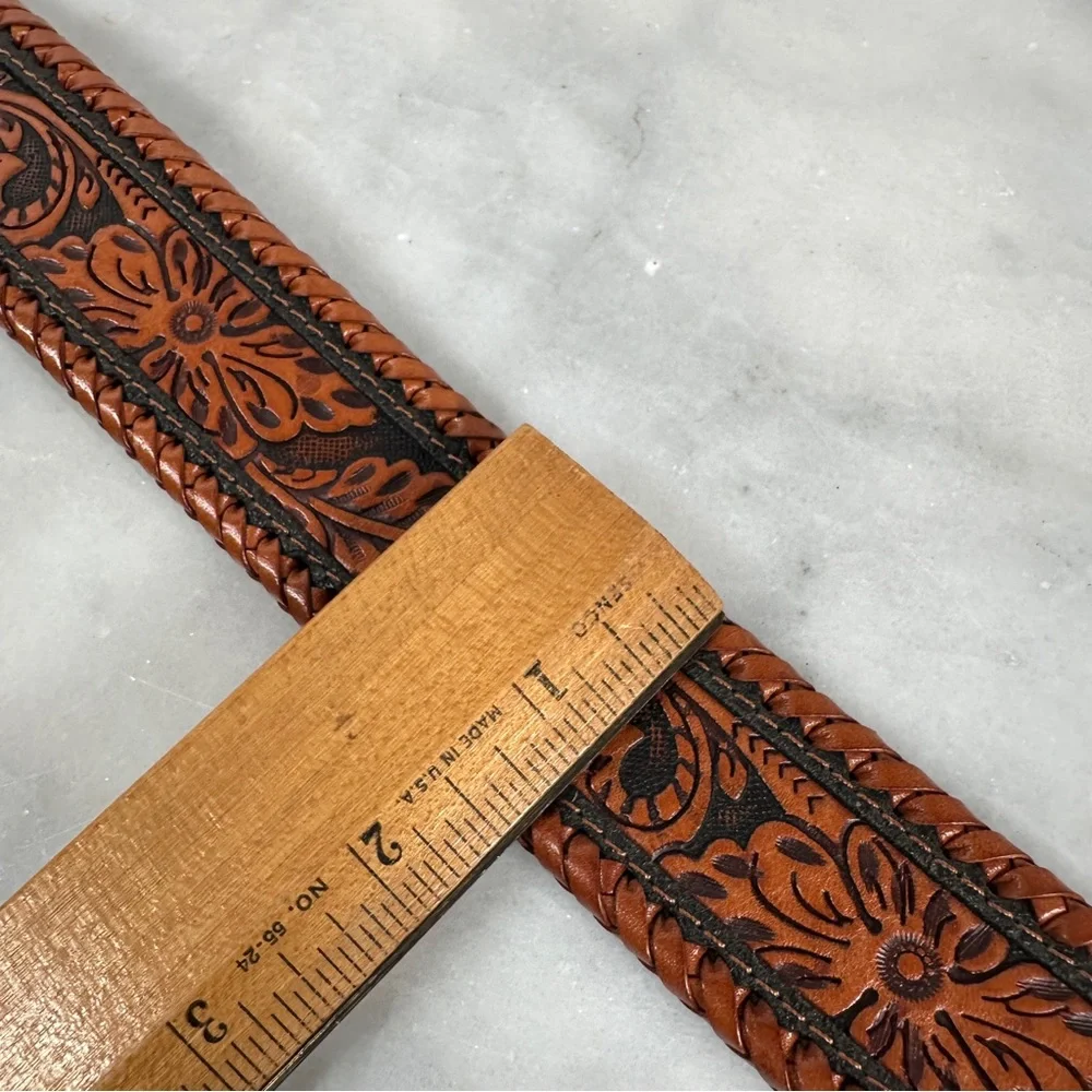 Brown Leather belt western‎ black tooled stitching Silver Buckle cowboy cowgirl